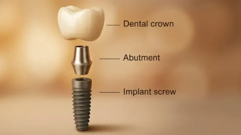 Digital image of a dental implant showing distinctively it's three parts: the dental crown, the dental abutment and the titanium fixture, floating over a sand-color background.