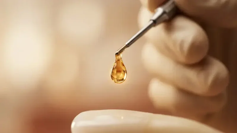Artistic close-up shot of a drop of composite bonding in Turkey (uncolored still, looking like resin), falling off the tip of a dentist tool. A gloved dentist holds the tool on its hand over a sand-colored blurry clinic background.