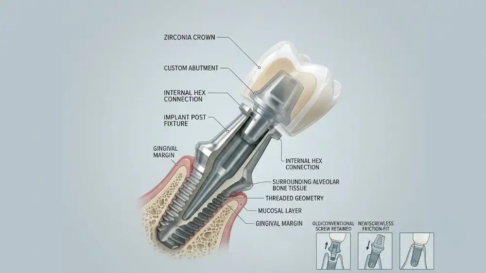 Picture of a screwless dental implant with parts and components