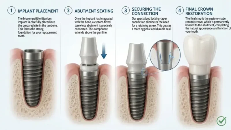 4-step medical illustration of the taper system in screw less dental implants, showing how the crown fits and locks into the abutment.