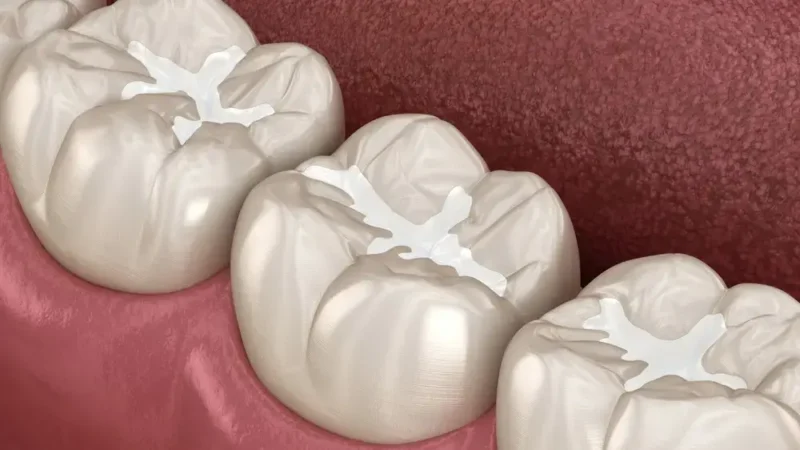 Medical illustration of 3 molar teeth with filling