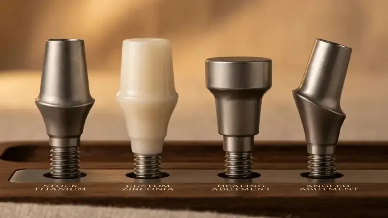 4 types of dental implant abutment on a wooden tray over a sandy background.