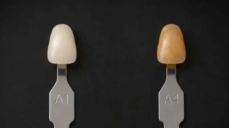A side-by-side comparison of A1 vs A4 tooth color, showing the stark contrast between the bright A1 shade and the darker, brownish A4 shade.