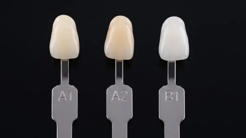 A side-by-side visual comparison of A1 vs B1 tooth shade, featuring A1, A2, and B1 dental shade tabs on a black background.