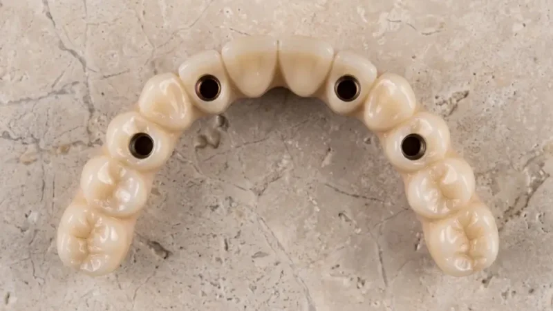 All-on-4: full-arch ceramic denture viewed from the intaglio surface, showing four holes for the screws securing it to the implants.