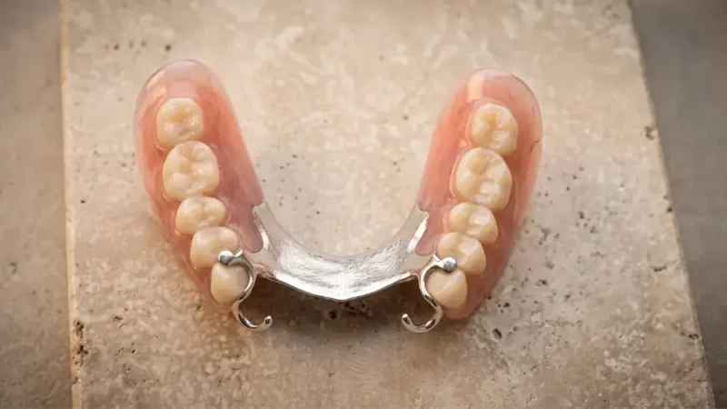 Removable skeletal denture for the lower arch, featuring a metal framework, clasps, and pink resin teeth.