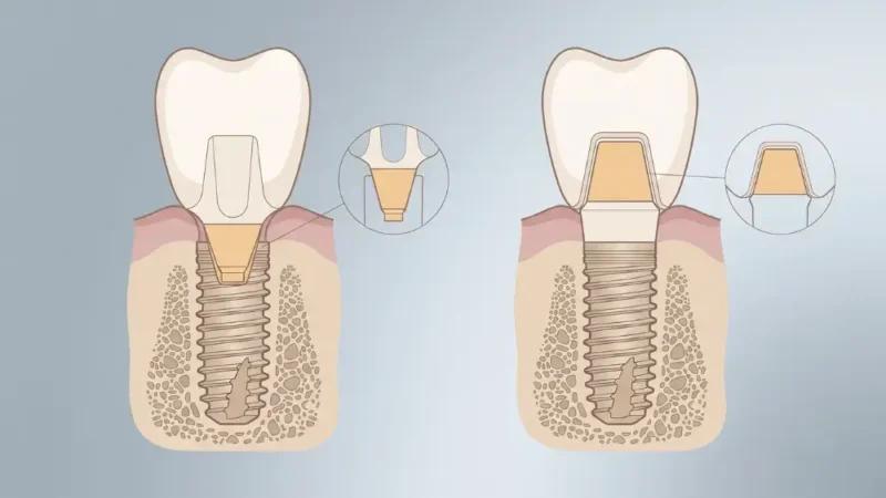 Cross-section diagram comparing the two types of screwless dental implants: conometric (left) and friction fit (right), with magnified insets of each connection.