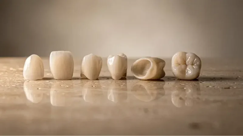 Couronnes dentaires individuelles en céramique alignées sur une surface réfléchissante beige, vues sous différents angles.