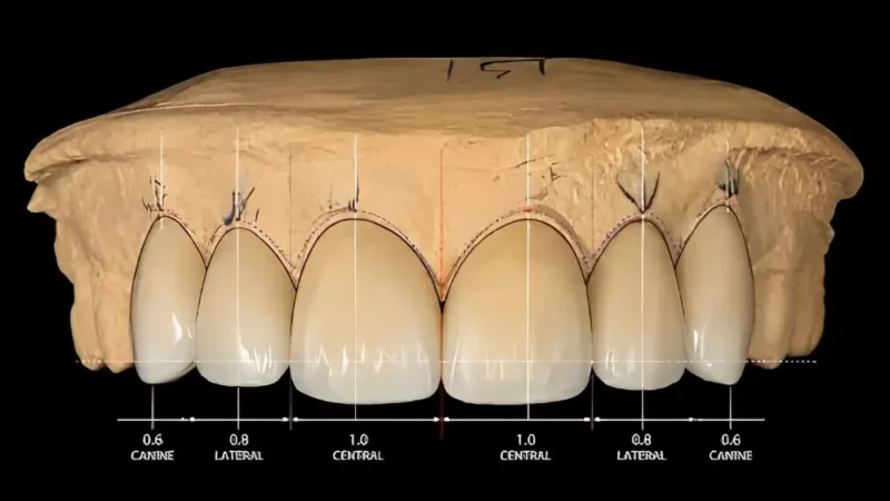 Crown preparation planning on a dental model, with width ratios marked for the central, lateral and canine teeth.