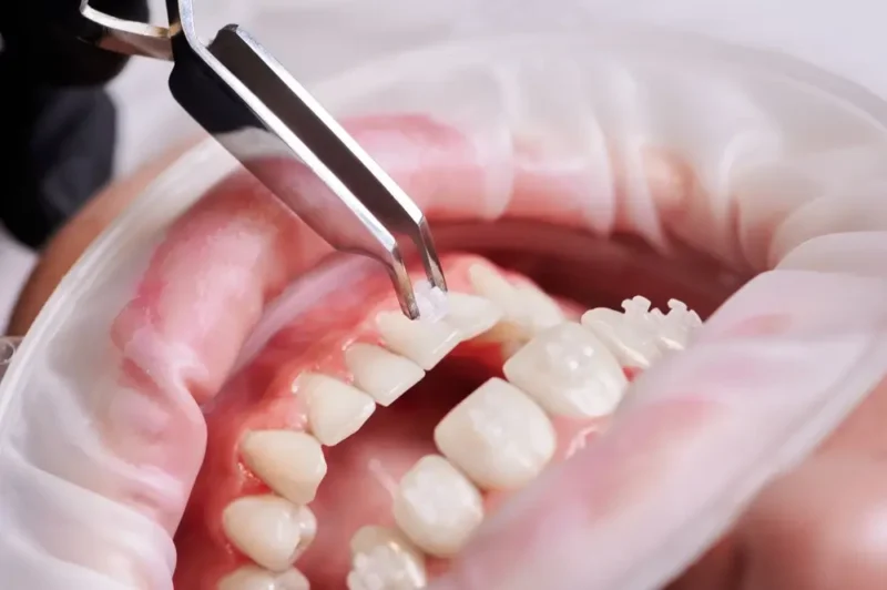 Close-up view of a dental practitioner preparing a tooth using precision tweezers during a crown preparation procedure on a patient wearing a lip retractor.
