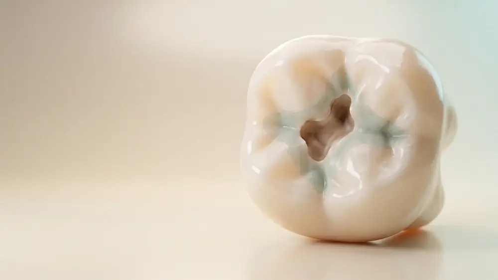 Detailed macro shot of a human molar showing dark discoloration and advanced tooth decay along the natural grooves of the crown.