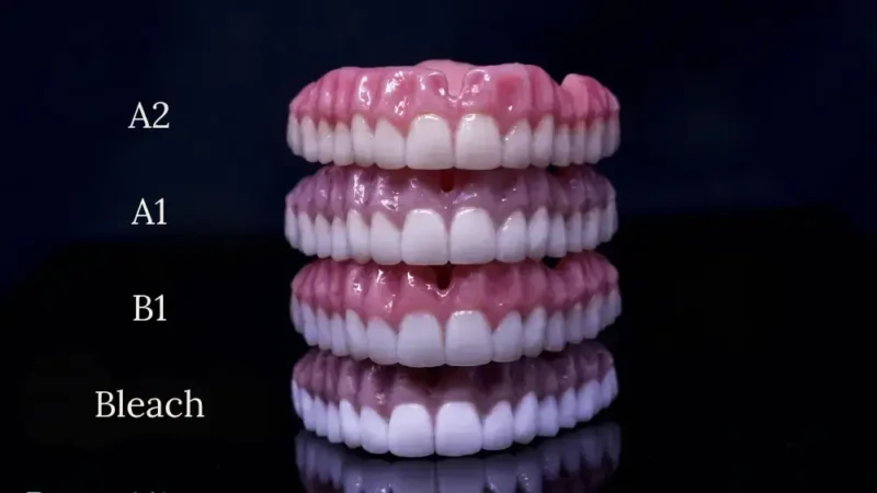 A stack of four upper denture models on a black background serving as a denture teeth color chart, labeled from top to bottom as A2, A1, B1, and Bleach to demonstrate varying degrees of whiteness.