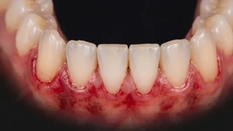 Early-stage gingivitis shown in a close-up of lower front teeth with red, swollen and inflamed gums along the gumline