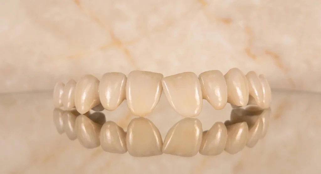 Row of Emax crown units in lithium disilicate on a reflective surface, showing enamel-like translucency