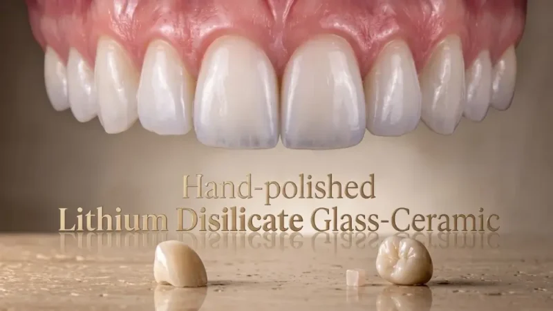 Emax crowns on an upper arch model with two single units below, labelled hand-polished lithium disilicate glass-ceramic