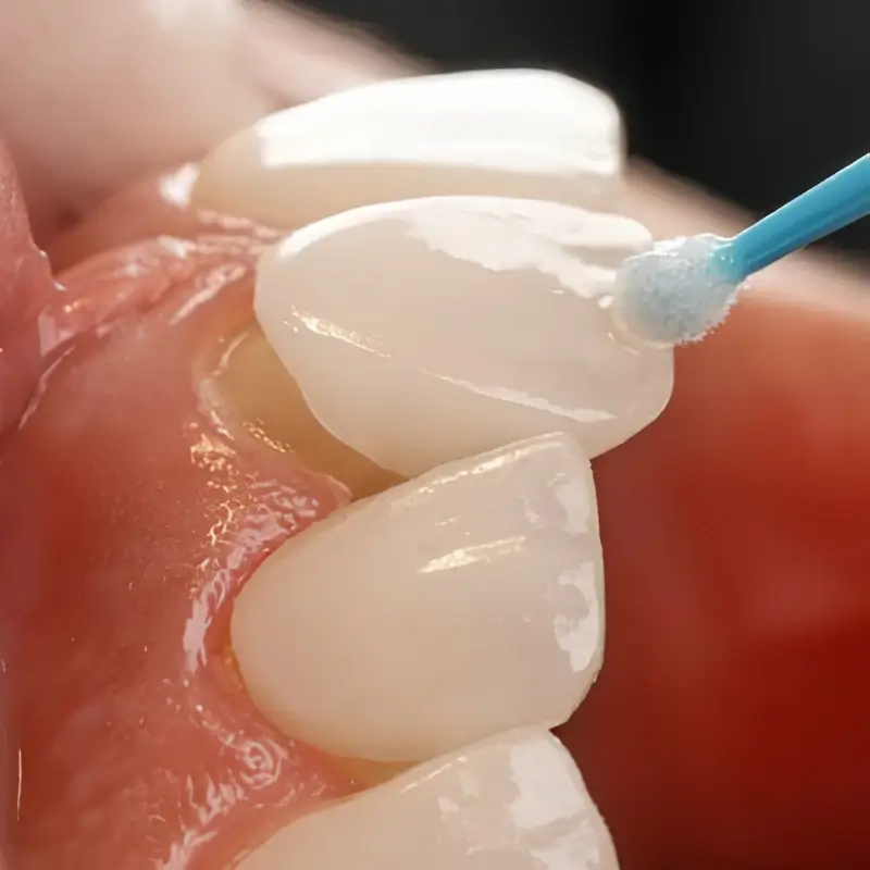 Macro close-up of a dentist using a micro-applicator brush to apply bonding adhesive or sealant around smooth, natural-looking porcelain or ceramic crowns near the gumline.