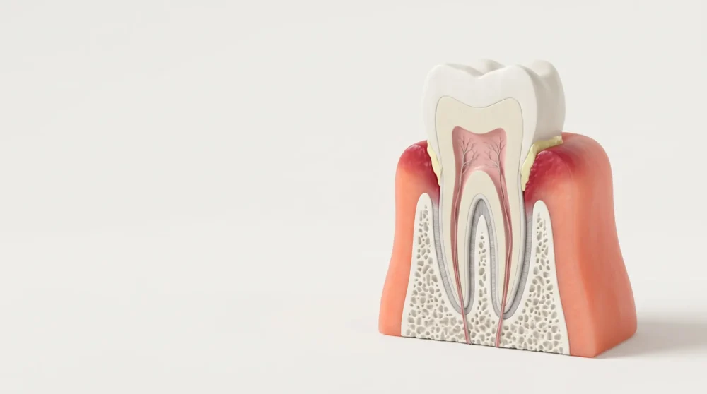 3D cross-section of a molar showing gingivitis, with red inflamed gum tissue and yellow plaque build-up along the gumline