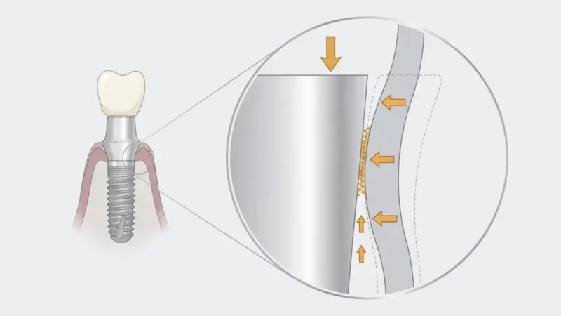 Diagram showing how screwless dental implants work, with a magnified view of the compressive forces locking the abutment into the implant's tapered walls.