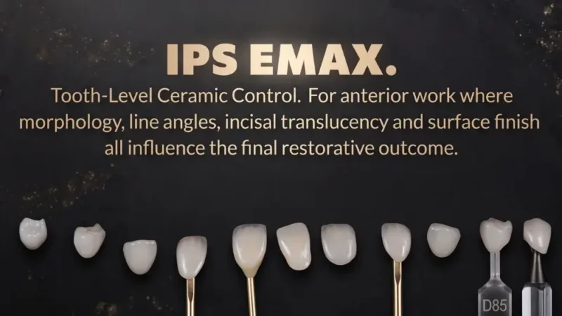 IPS Emax crowns on shade-guide pins against black, captioned tooth-level ceramic control for anterior work.