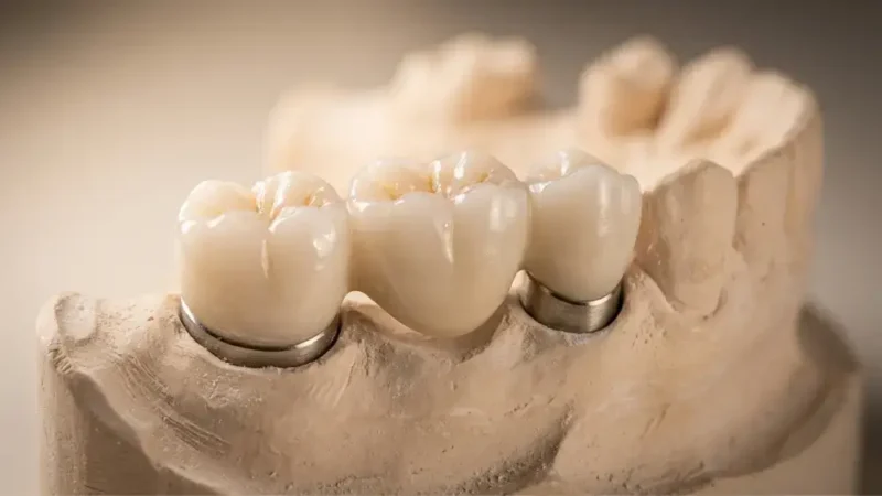 Implant-supported dental bridge: a fixed ceramic dental prosthesis screwed onto two implants, shown on a plaster model.