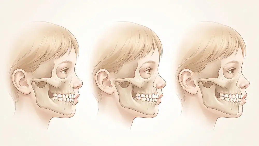 Medical illustration of a child's side profile demonstrating three types of malocclusion, revealing the underlying jaw and skeletal structure beneath translucent skin.