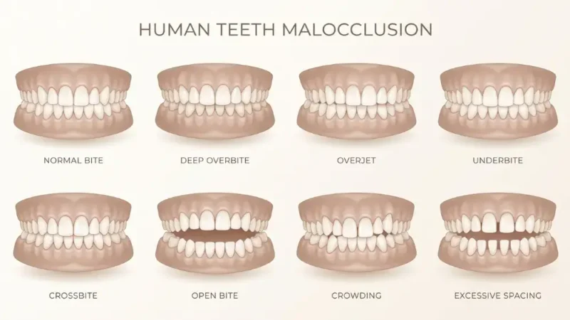 A dental chart displaying various types of human teeth malocclusion, comparing a normal bite alignment to common orthodontic issues like overbites, underbites, and crowding.