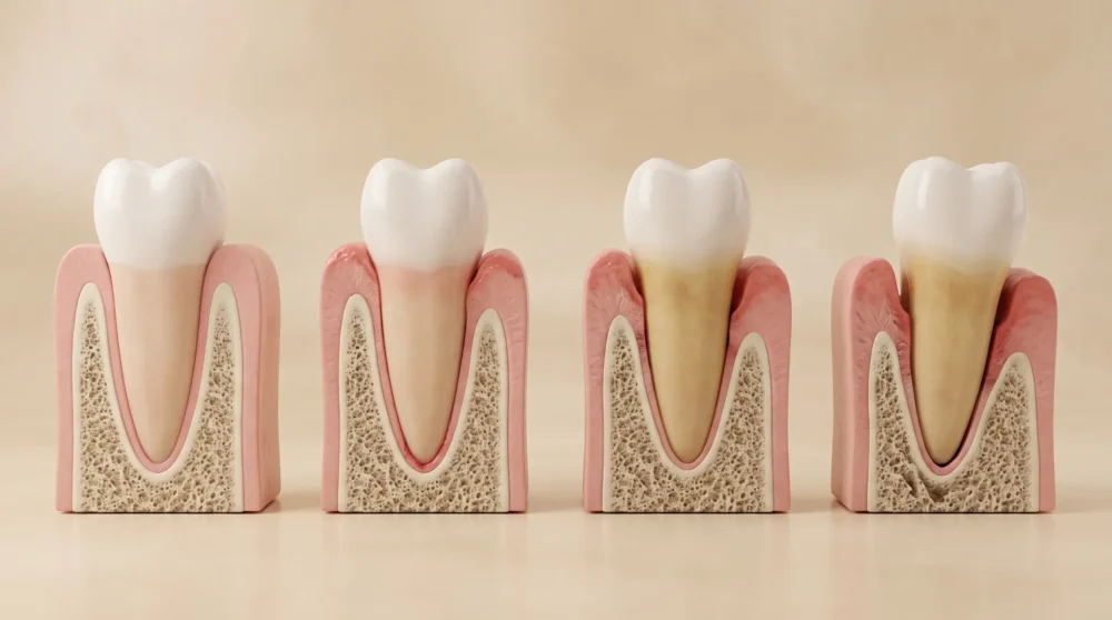 3D medical illustration showing four progressive parodontitis stages, from a healthy tooth with intact gums on the left to severe gum recession and bone loss on the right.