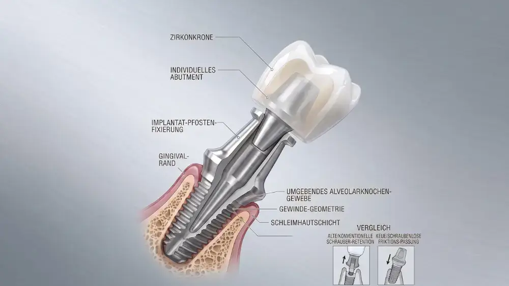 Beschriftete Querschnittsdarstellung eines schraubenlosen Zahnimplantats mit Zirkonkrone, individuellem Abutment, Implantatpfosten und umgebendem Kieferknochen, samt Vergleich zwischen konventioneller Schraubretention und Friktions-Passung.