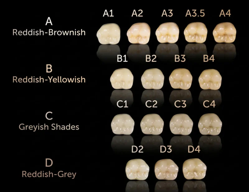 A dental color chart displaying various teeth shades from A1 to D4, categorized by reddish-brownish, reddish-yellowish, greyish, and reddish-grey tones.