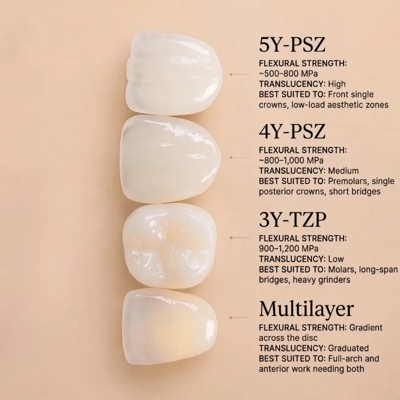 Infographic detailing different types of zirconia teeth options, comparing flexural strength, translucency, and best uses for 5Y-PSZ, 4Y-PSZ, 3Y-TZP, and Multilayer materials.